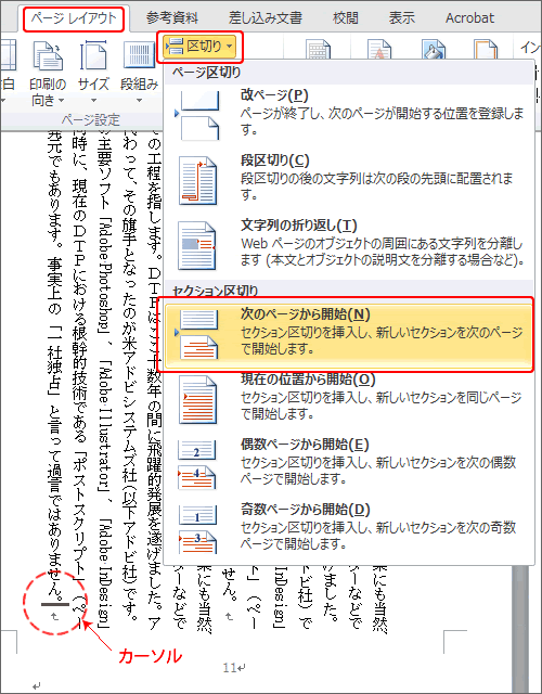 Word 印刷方向の異なるページ ページ番号